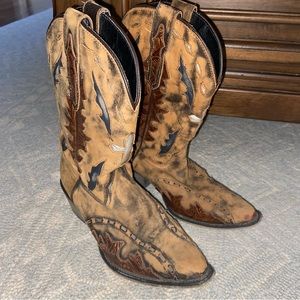 Dan Post Youth 4 Leather Tan distressed  Cowgirl Boots with Silver Cross